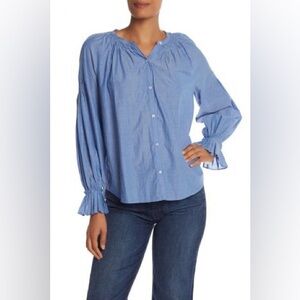 Joie Blouse  Bohemian Blue Long Sleeve Button Down Pleated Sleeve Size M